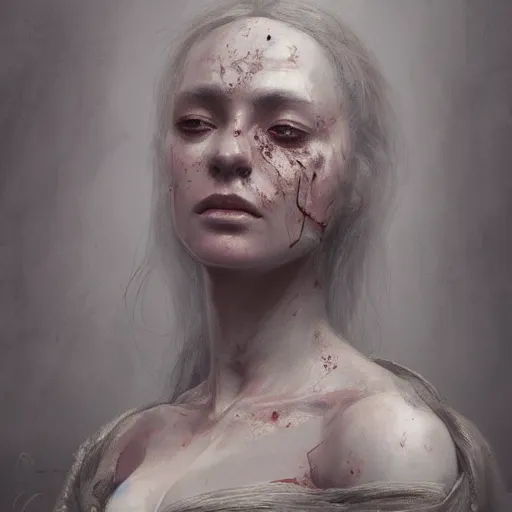 Prompt: portrait of a woman, sad, cry, gloomy, bloody, intricate, elegant, highly detailed, digital painting, artstation, concept art, matte, sharp focus, illustration, octane render, unreal engine, art by aenaluck and roberto ferri and greg rutkowski, epic fantasy, digital painting