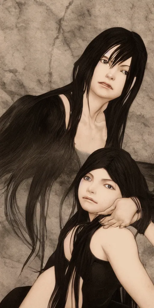 Prompt: photo of lonely young girl with straight long black hair wearing black dress and sitting on bathroom floor, photo made by vanessa beecroft, render by artgem and alphonse mucha for capcom co, resident evil