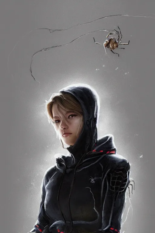 Prompt: A portrait of a female spider wearing a cute hoody by Greg Rutkowski, Sung Choi, Mitchell Mohrhauser, Maciej Kuciara, Johnson Ting, Maxim Verehin, Peter Konig, Resident evil , 8k photorealistic, cinematic lighting, HD, high details, dramatic, atmospheric , trending on artstation