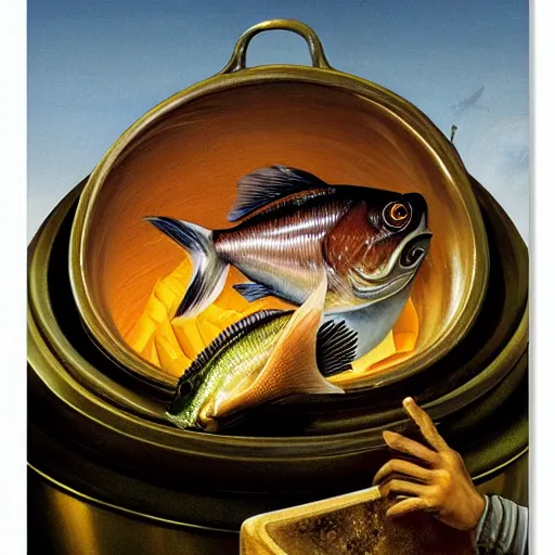 Image similar to a fish on the top of a pile of fish, inside a cooking pot, side view, by vladimir kush, dystopian aer, rococo