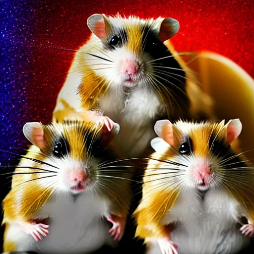 Image similar to hamsters in a james bond film with lasers on their mounted on their heads, digital art