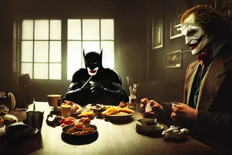 Image similar to morning light, highly detailed portrait of Batman eating breakfast, the head of the joker is placed on the table, atmospheric lighting, masterpiece, award winning painting by Emmanuel Lubezki