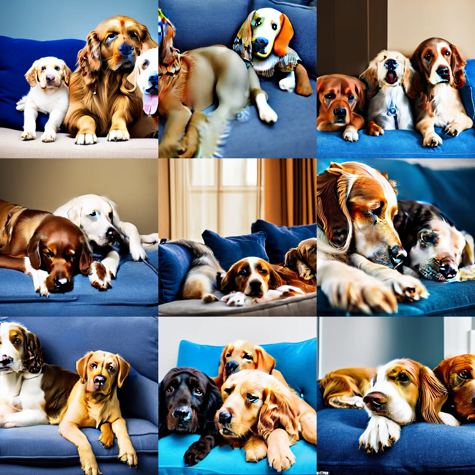 Prompt: a spaniel, Labrador and golden retriever spread out on a plush blue sofa. Award winning photograph, soft focus, depth of field, rule of thirds ::Vogelsang, Elke::