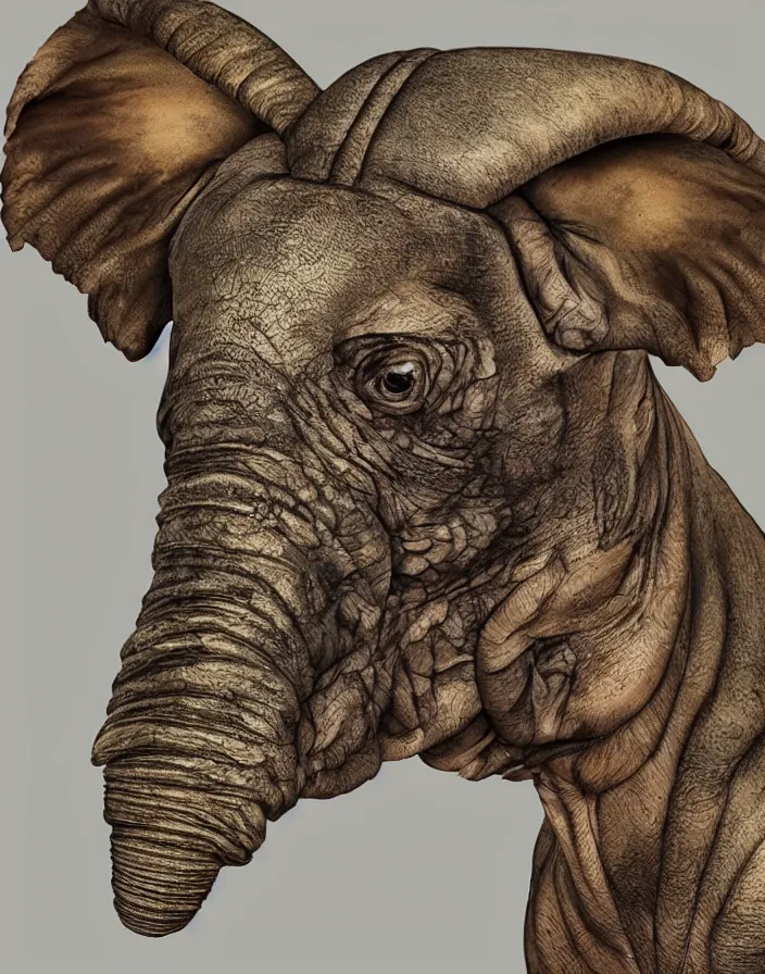 Image similar to portrait of muscular animal human merged head skin ears, large dark background, scales skin dog, cat merged elephant head cow, chicken face morphed fish head, gills, horse head animal merge, morphing dog head, animal eyes, merging crocodile head, anthropomorphic creature