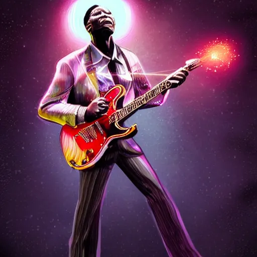 Image similar to a BB King guitarist playing so intensely there is electricity shooting out from his guitar, energy beams under his finger tips, and magic sparkles from the freboard, amazing ditial art, trending on artstation, featured on deviantart