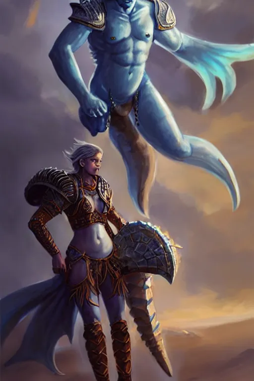 Image similar to a small blue-skinned triton girl wearing scale armor riding on a the shoulders of a large male goliath wearing fur and leather armor, dnd concept art, painting by ross tran and Tyler Jacobson