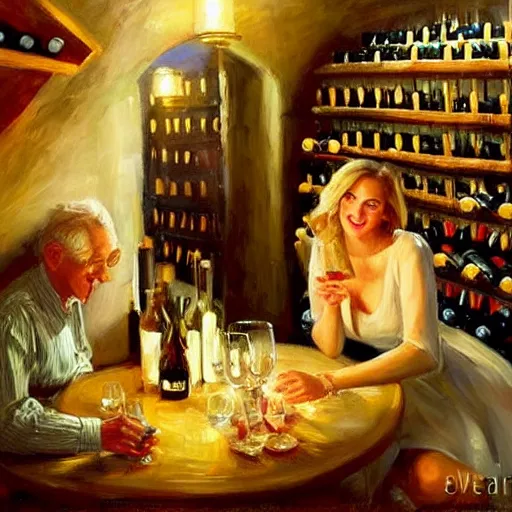 Image similar to wine cellar full of food, torches on the wall, schnapps, romantic, inviting, cozy, blonde woman, painting Vladimir Volegov