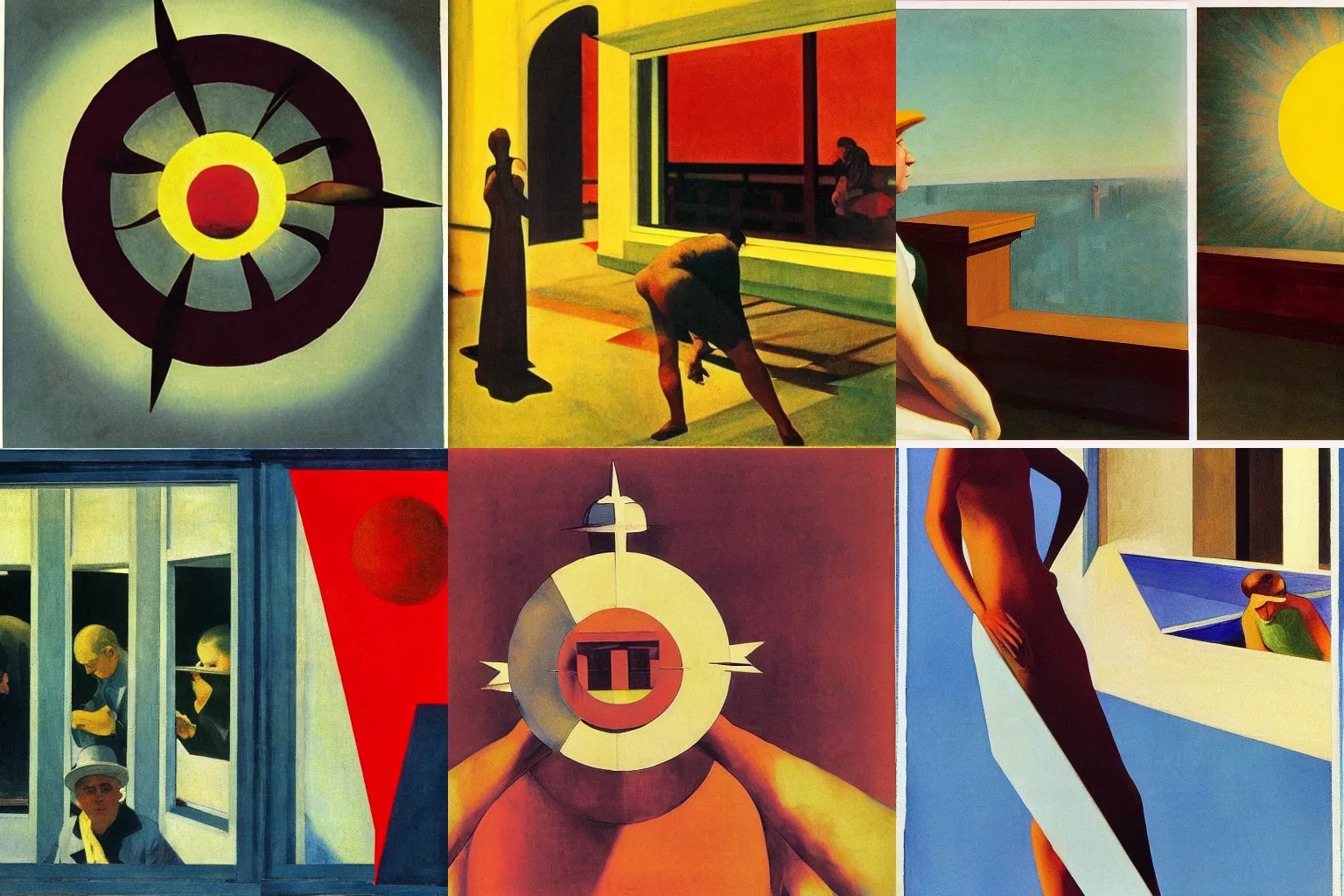 Prompt: pitiless as the sun, collage by edward hopper and alexander rodchenko