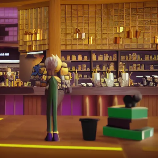 Image similar to thanos working at starbucks, studio ghibli style, unreal engine, by beeple