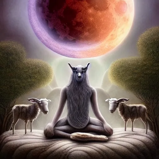 Image similar to an anthromorphic wolf sheppard with 2 sheep meditating in a zen garden with a waterfall under the blood moon, by Adi granov and afarin sajedi and amanda sage and evgeni gordiets and Agostino Arrivabene and adonna khare in a psychedelic portrait style, ultrarealistic matte painting, volumetric lighting, fractal, extremely symmetrical, highly detailed face, orisha, 8k, hd