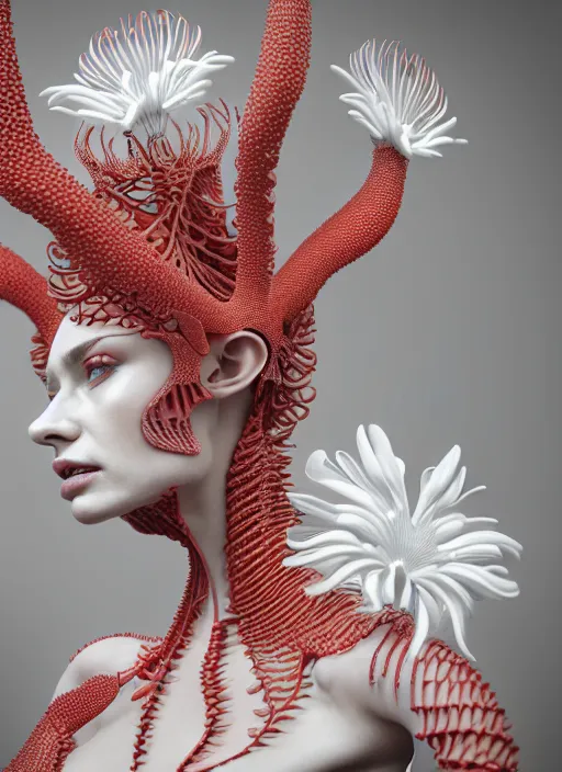 Prompt: complex 3 d render hyper detailed ultra sharp beautiful sophisticated elegant female portrait, close - up, futuristic biomechanical, smooth porcelain ivory fair face, iris van herpen white daisies red corals headdress filigree lace haute couture headdress with rhizomorph finials spires, brackets, fractal colorful puffballs, octane render, 8 k