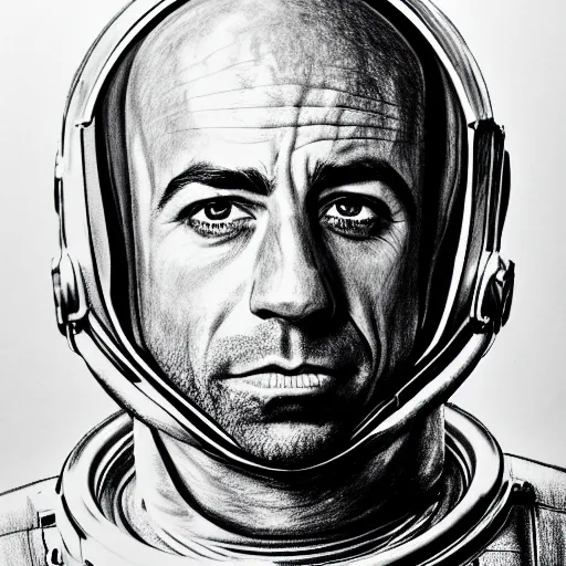 Image similar to a very detailed pencil drawing of joe rogan in an astronaut suit in space 4 k, high resolution, still, landscape, hd, dslr, hyper realistic, sketch