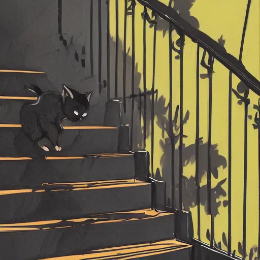 Image similar to wide shot of black cat walking down the stairs, outdoor, daytime, long shadows, highly detailed, warm colors, artstation, concept art, sharp focus, illustration, masterpiece