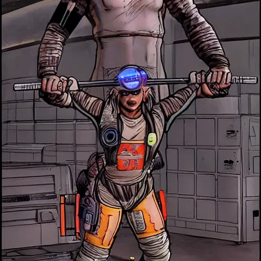 Prompt: Apex legends cyberpunk weight lifter. Concept art by James Gurney and Mœbius.