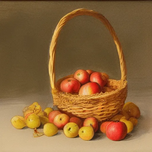 Prompt: a painting of a basket of apples and a can of yogurt, a still life by Beatrix Potter, featured on deviantart, naive art, storybook illustration, watercolor, photoillustration