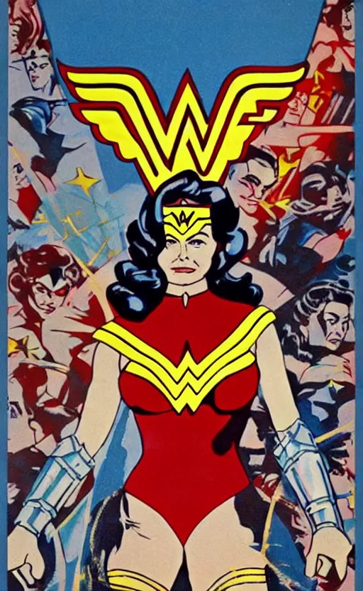 Prompt: ingrid bergman as wonder woman. poster for the film'wonder woman versus the robots '. colourful detailed painted collage. action. beautiful. powerful.
