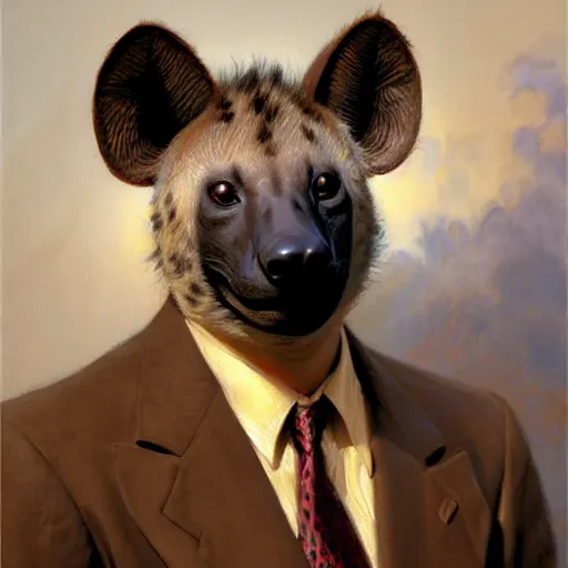 Prompt: a portrait of a hyena wearing a suit and smiling at the viewer. highly detailed painting by gaston bussiere, craig mullins, j. c. leyendecker 8 k