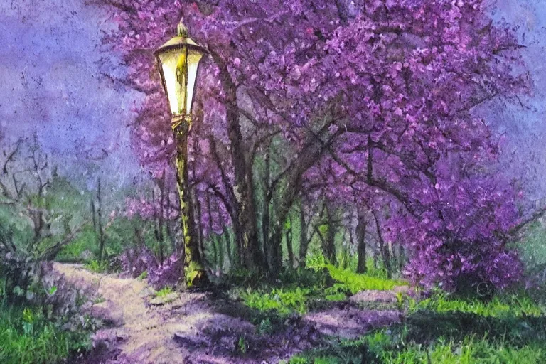 Prompt: vintage iron lamp post in lush spring forest. Cinematic, small purple flowers, hiking trail. detailed oil painting