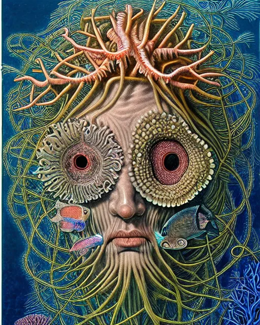 Image similar to hyperrealistic detailed underwater face portrait of the beautiful god of the fish with an intricate headgear of corals, sea kelp, sea plants, fish, starfish, jellyfish, art by ernst haeckel, james jean, gothic, neo - gothic, ornamental, beautiful deep colours,