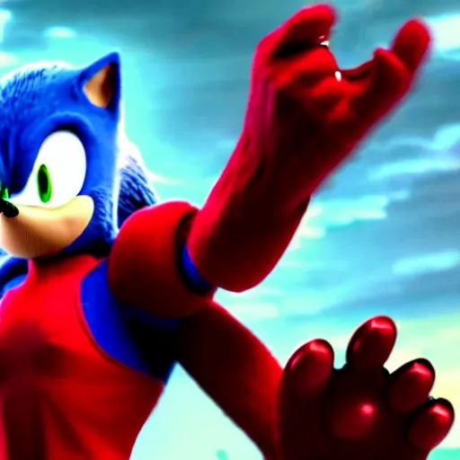 Image similar to The famous scene in the Avengers when Sonic the Hedgehog finally arrived to the fight and beat Thanos, movie sonic, extremely detailed with lots of background explosions and effects, grinning, wearing red gloves, 4k, 8k, HDR