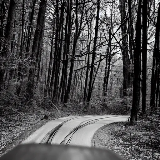 Prompt: indycar driving in the woods, black and white photo