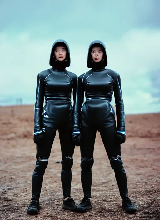 Image similar to cinestill 5 0 d photographic portrait of two loving clones, techwear women on a desolate plain, a brutalist metal building in the background, depth of field, 4 k, 8 k, hd, full color