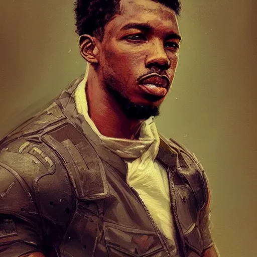 Prompt: “Portrait of Michael Bakari Jordan by Greg Rutkowski, young, manly, attractive, strong, older brother vibes, highly detailed portrait, scifi, digital painting, artstation, concept art, smooth, sharp foccus ilustration, Artstation HQ”