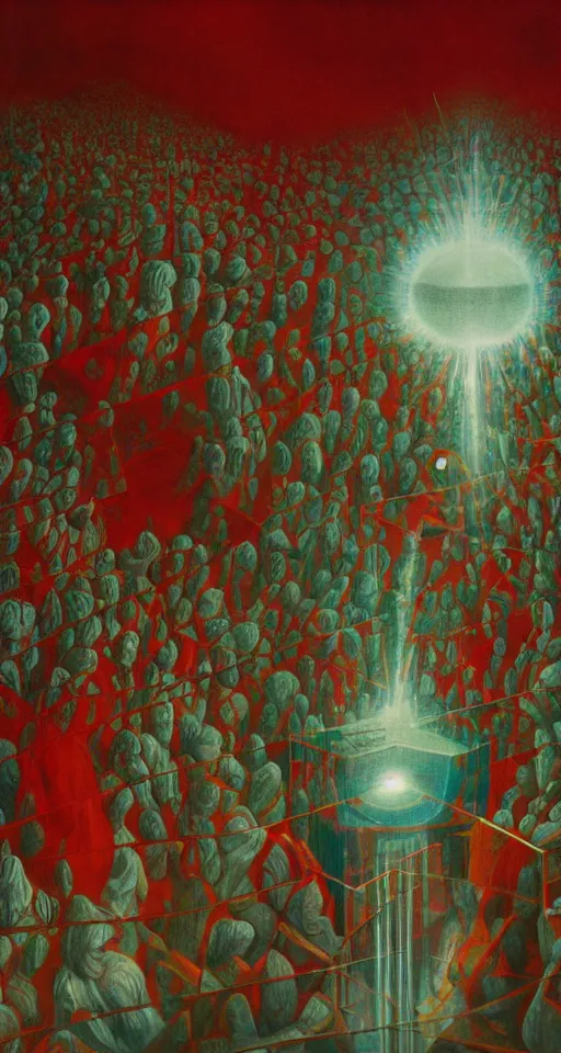 Prompt: close - up of worshippers in red robes holding a very complex gigantic reflective glowing glass crystal tesseract orb violently illuminating a small glass room with glass windows, very bright white light, small room, glass room, glass, enlightening, close - up, high detailed beksinski painting, part by adrian ghenie and gerhard richter. masterpiece, deep colours, bright white