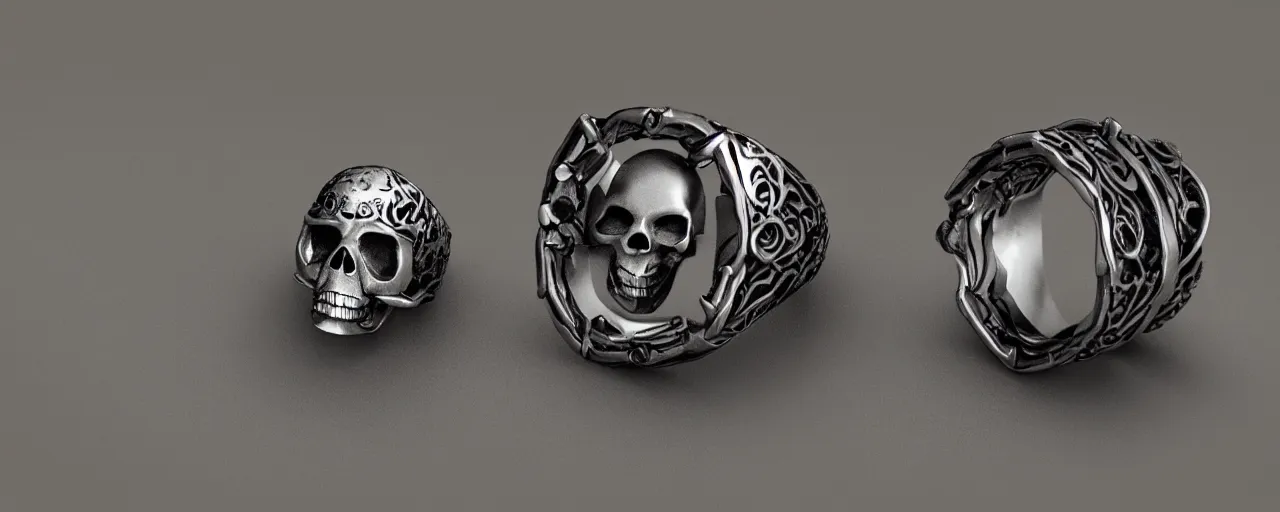 Image similar to simple ring with a skull, ring, skull, black, green mist emanates, magic, poison, smooth shank, crystals, engravings, product design, jewelry, art by gerald brom, greg rutkowski and artgerm and james jean and zdzisław beksinski, 8 k, unreal engine, c 4 d