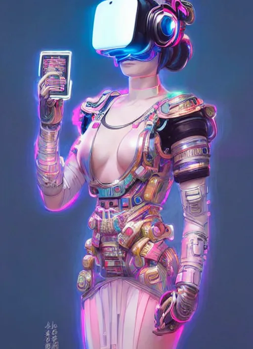 Image similar to wide angle portrait shot of female japanese android wearing a vr headgear and in an elaborate kimono dress, hologram hovering around her, intricate detail, cyber neon lighting, highly detailed, artstation, glamor pose, concept art, art by peter mohrbacher and artgerm and james jean, pinterest, artstation,