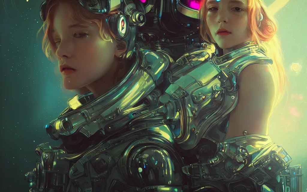 Image similar to portrait armored astronaut girl catched an alien inside spaceship, ssci-fi, neon light and fantasy, intricate and very very beautiful and elegant, highly detailed, digital painting, artstation, concept art, smooth and sharp focus, illustration, art by tian zi and WLOP and alphonse mucha