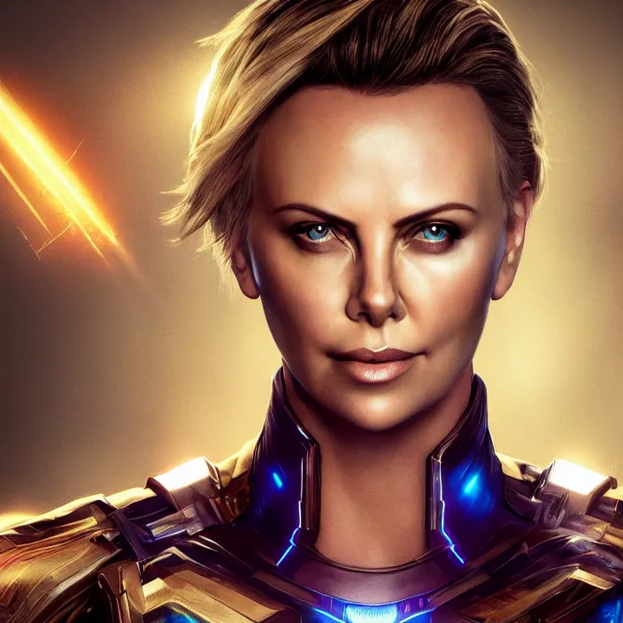 Image similar to portrait of Charlize Theron, wearing The Infinity Gauntlet. intricate artwork. octane render, trending on artstation, very coherent symmetrical artwork. avengers. thanos. cinematic, hyper realism, high detail, octane render, 8k, iridescent accents