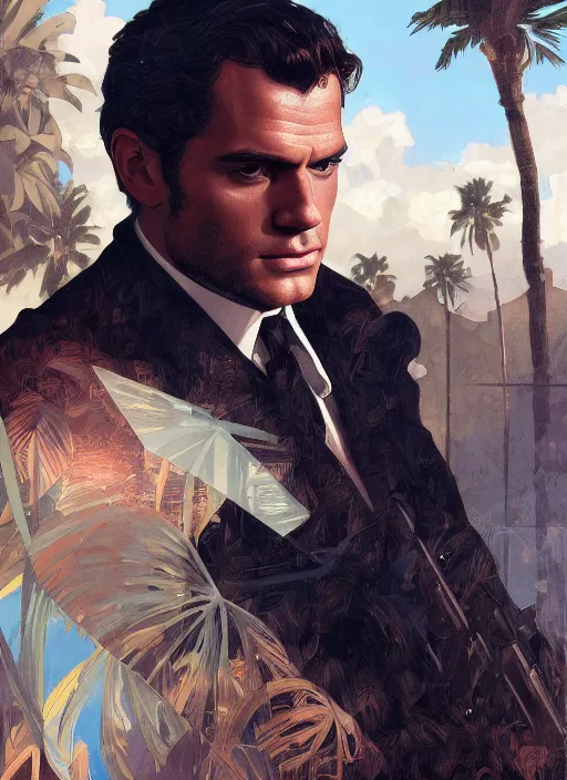 Image similar to portrait of henry cavill as james bond, key art, palm trees, vintage aston martin, highly detailed, digital painting, artstation, concept art, cinematic lighting, sharp focus, illustration, by gaston bussiere alphonse mucha