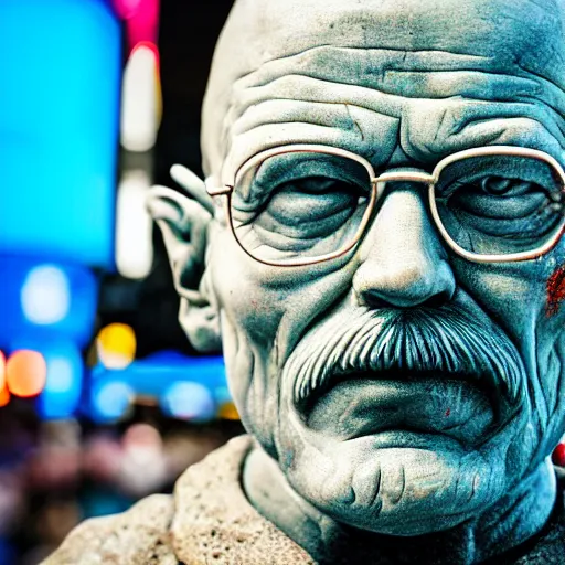 Image similar to a photograph of a very detailed renaissance sculpture of walter white as a smurf in times square, made by michelangelo, from the distance, hyper detailed, sharp focus, 8 k resolution, ray tracing