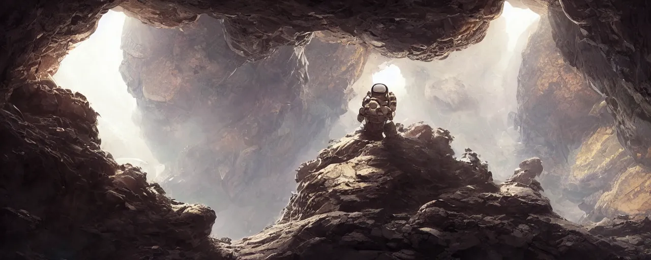 Prompt: an astronaut looks down into an open cavern, preparing to descend, stunning intricate concept art by senior environment artist, cgsociety, fantasy art, matte painting, storybook illustration