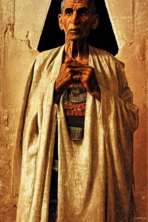 Image similar to a closer personal portrait of a a very old egyptian temple priest with very piercing eyes, very charismatic. in the old ancient temple of luxor. masterpiece, dark. painted by norman rockwell and james gurney