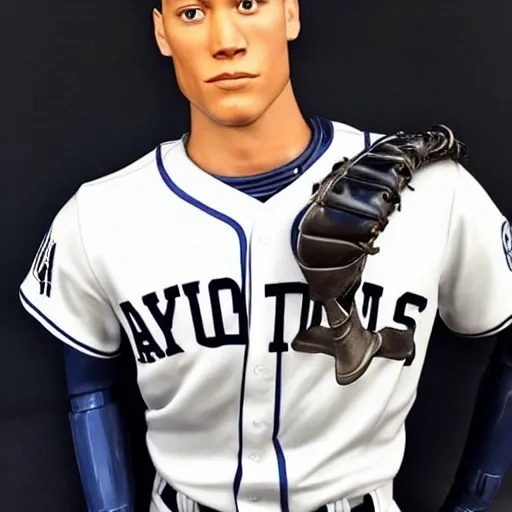 Image similar to “a realistic detailed photo of a guy who is an attractive humanoid who is half robot and half humanoid, who is a male android, baseball player Aaron Judge, shiny skin, posing like a statue, blank stare”