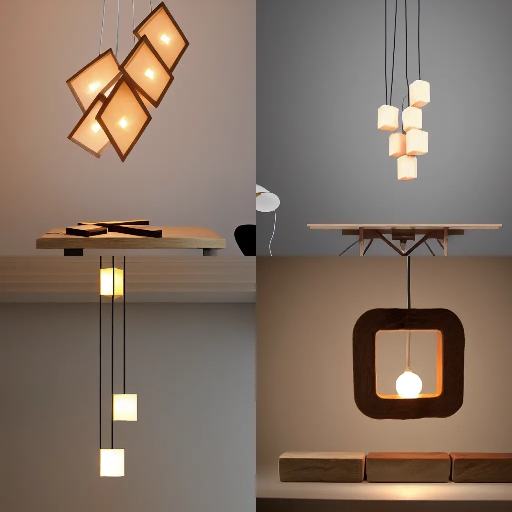 Prompt: a designer lamp for the living room, hanging from the ceiling over a table, made from blocks of wood and 3 ledlights, design, hyperrealistic, 8 k