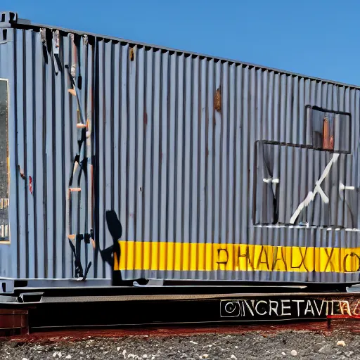 Image similar to photograph of a shipping container tyrannosaurus rex in a freight yard