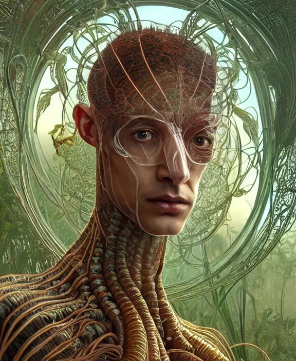 Image similar to intricate ornate opulent transparent clear see - through portrait of a stunning beautiful skinny male alien centipede, mottled coloring, adorable, childlike, overgrown jungle environment, ultra realistic, concept art, art nouveau, photorealistic, octane render, 8 k, unreal engine. art by christopher marley and artgerm and greg rutkowski and alphonse mucha