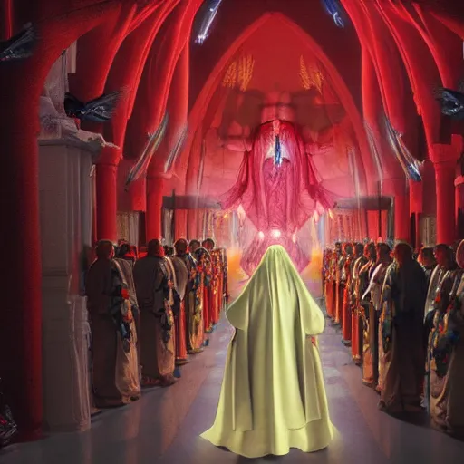 Image similar to octane render by mort kunstler and annie leibovitz and angus mckie, a line of people in colorful tunics receiving holy communion from a monstrous alien creature in a red cardinal robe, 4 d, 4 k, volumetric lighting, ray traced lighting, ultra - detailed