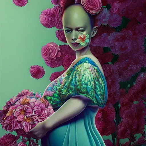 Image similar to pretty pregnant model with flowers : : by martine johanna and simon stalenhag and chie yoshii and casey weldon and wlop : : ornate, dynamic, particulate, rich colors, intricate, elegant, highly detailed, vogue, harper's bazaar art, fashion magazine, smooth, sharp focus, 8 k, octane render