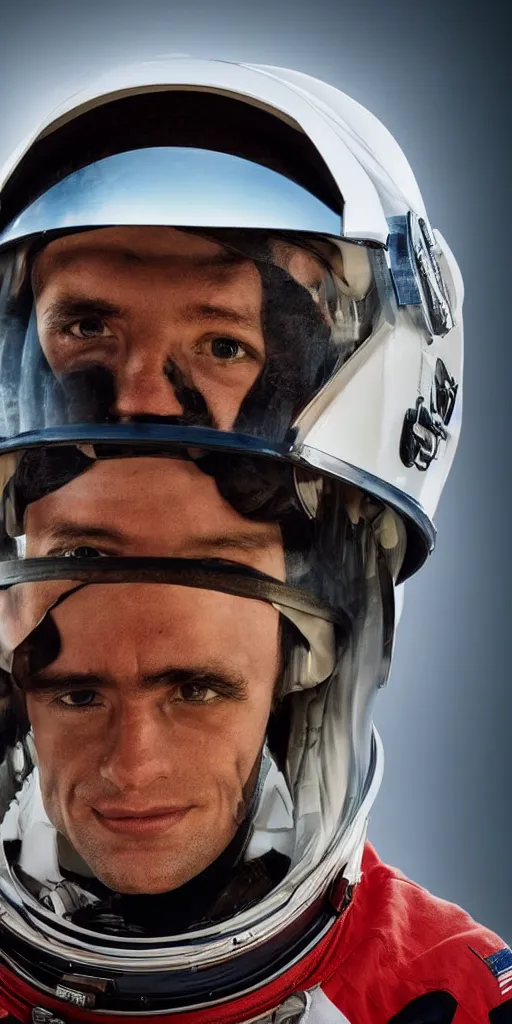 Image similar to closeup portrait photograph of an astronaut extreme sports dirt bike rider, helmet, human head, portrait, hyper realistic, highly detailed, retrofuturism