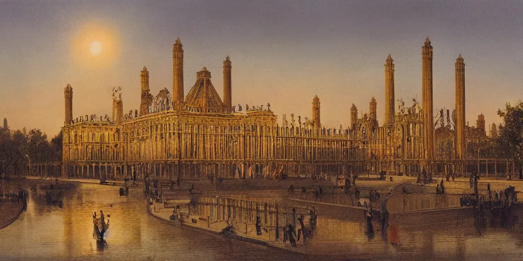 Image similar to a color photograph of the crystal palace, london exhibition of 1 8 5 1, golden hour