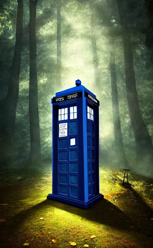 Image similar to a portrait of a tardis, in the woods, dynamic lighting, photorealistic fantasy concept art, trending on art station, stunning visuals, creative, cinematic, ultra detailed