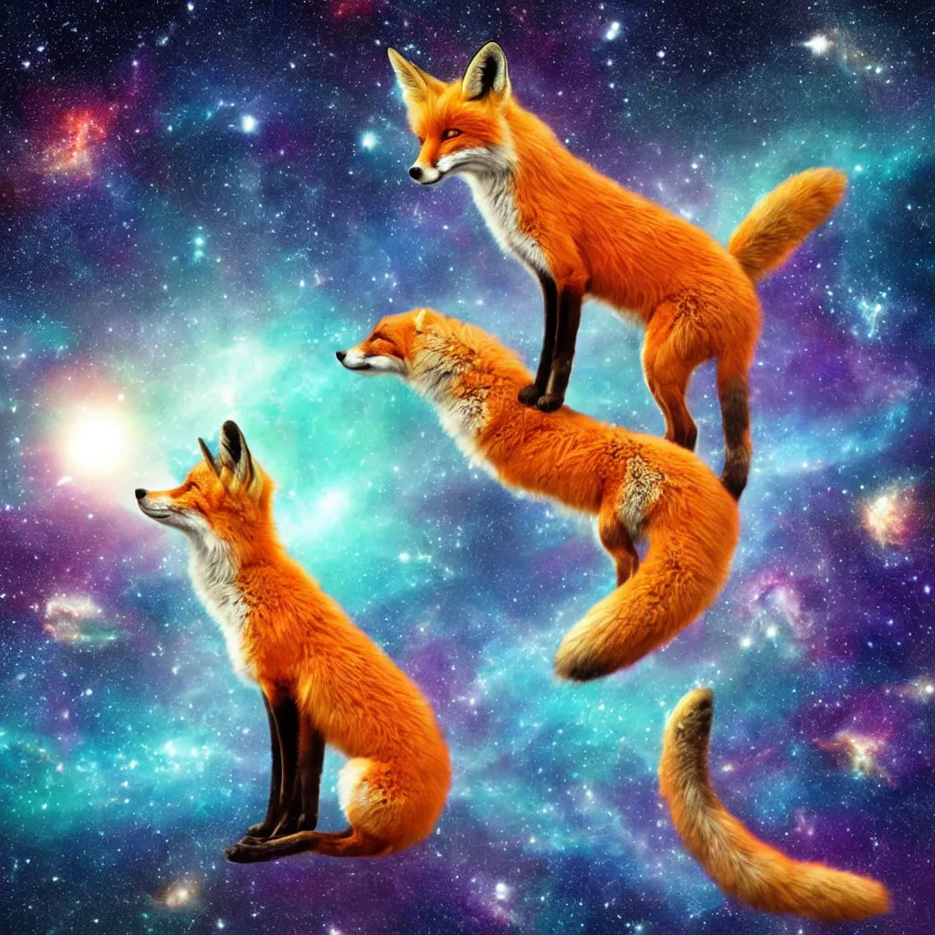 Image similar to a fox in a lake in space staring up at a galaxy, realistic, colorful