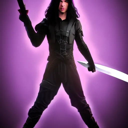 Image similar to An epic fantasy comic book style portrait painting of a young man with straight long black hair lilac eyes. Wearing black spy combat clothes. He is holding knives in both hands. Menacing look. Dark purple energy portal around, born from shadows. Unreal 5, DAZ, hyperrealistic, octane render, cosplay, RPG portrait, dynamic lighting