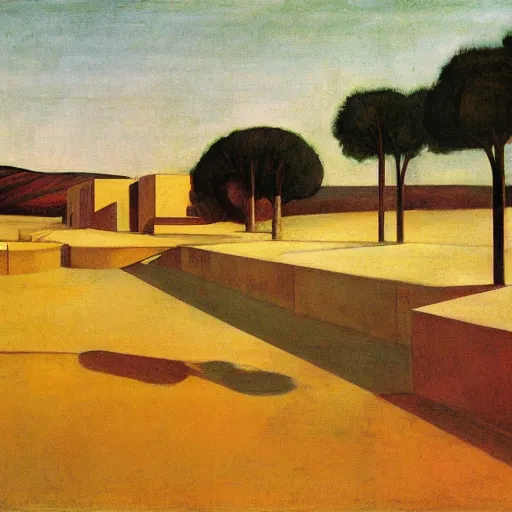 Image similar to kibbutz ein harod ihud in israel by giorgio de chirico and edward hopper