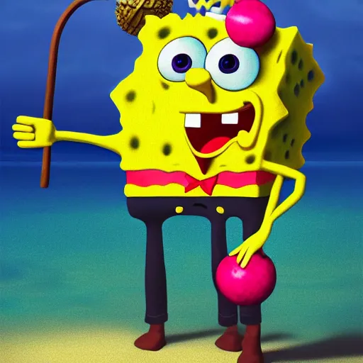Prompt: a beautiful portrait of an epic fantasy style spongebob holding a giant lollipop and wearing a pair of old fashioned aviator goggles, Bikini Bottom is the background, insanely detailed, 3D art, Greg Rutkowski, Charlie Bowater, unreal 5, DAZ, Maya Render, hyperrealistic, octane render, RPG portrait, dynamic lighting, fantasy art