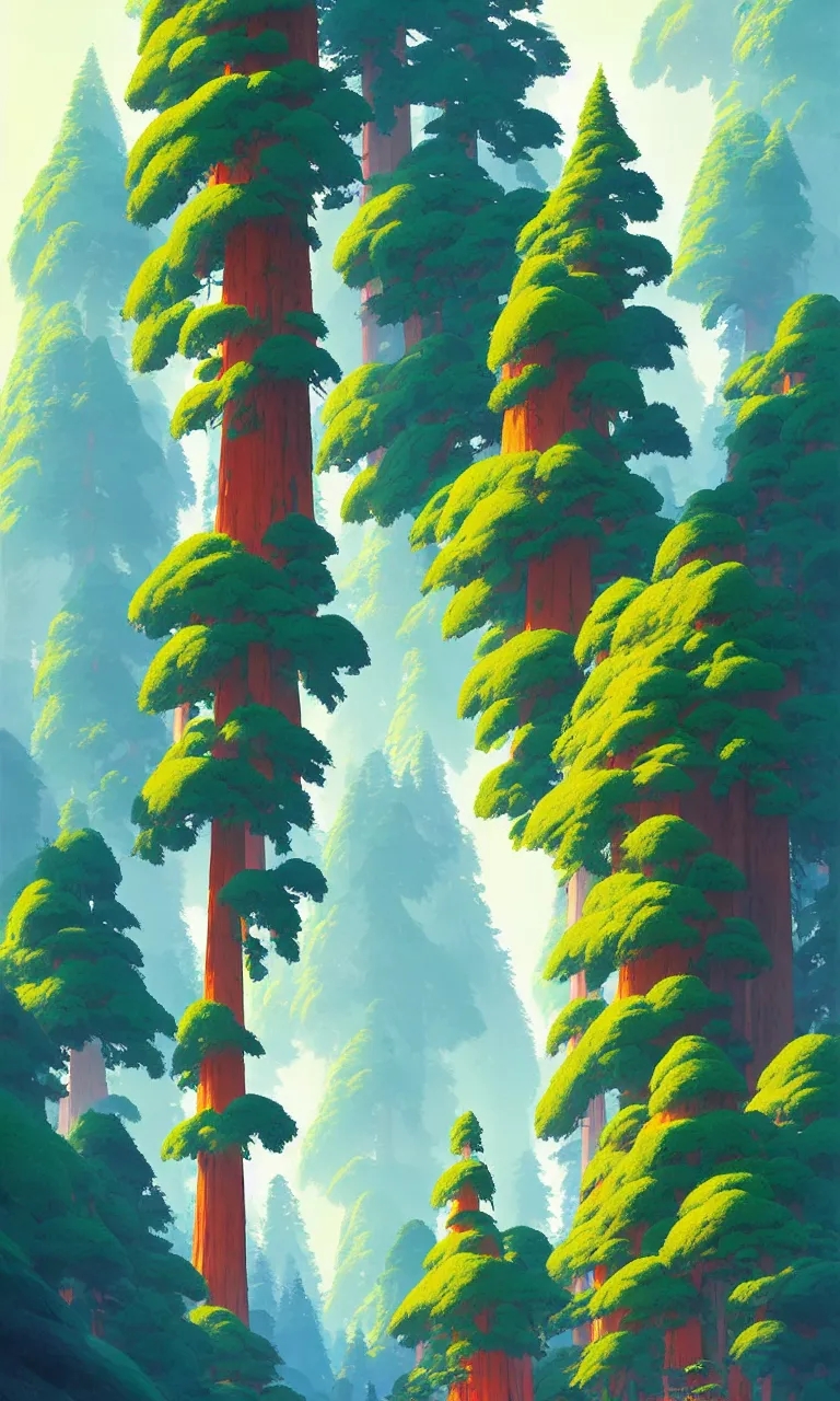 Image similar to Sequoia forest in a colorful moutain with beautiful trees , no people, morning, by studio ghibli painting, superior quality, masterpiece, traditional Japanese colors, by Grzegorz Rutkowski, concept art